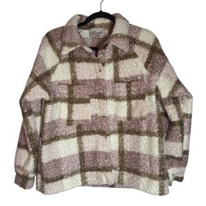 NWT Remplie Boutique Brand Tan and Pink Plaid Medium Teddy Sherpa Jacket